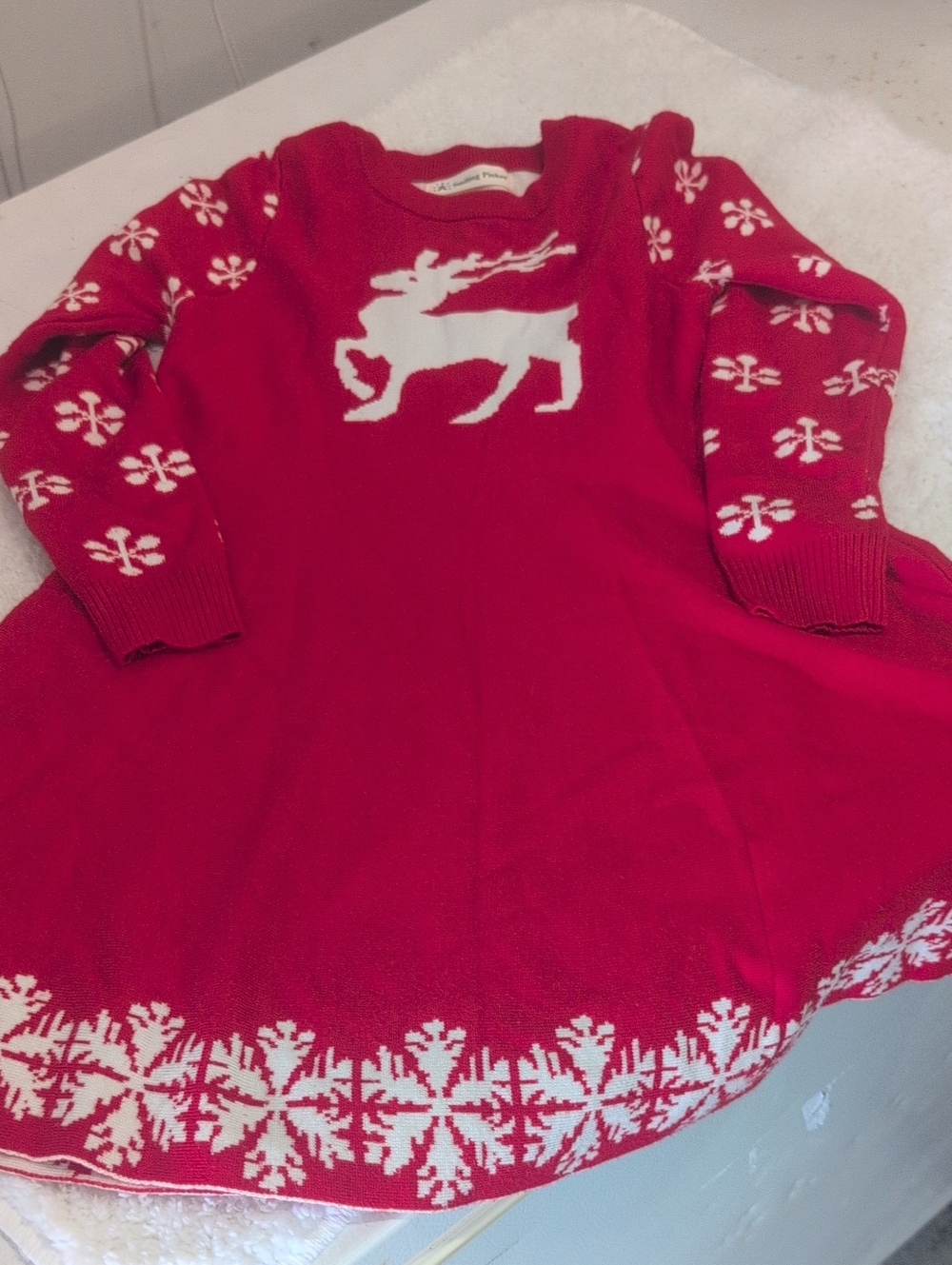 Girls' Red Reindeer Knit Holiday Dress